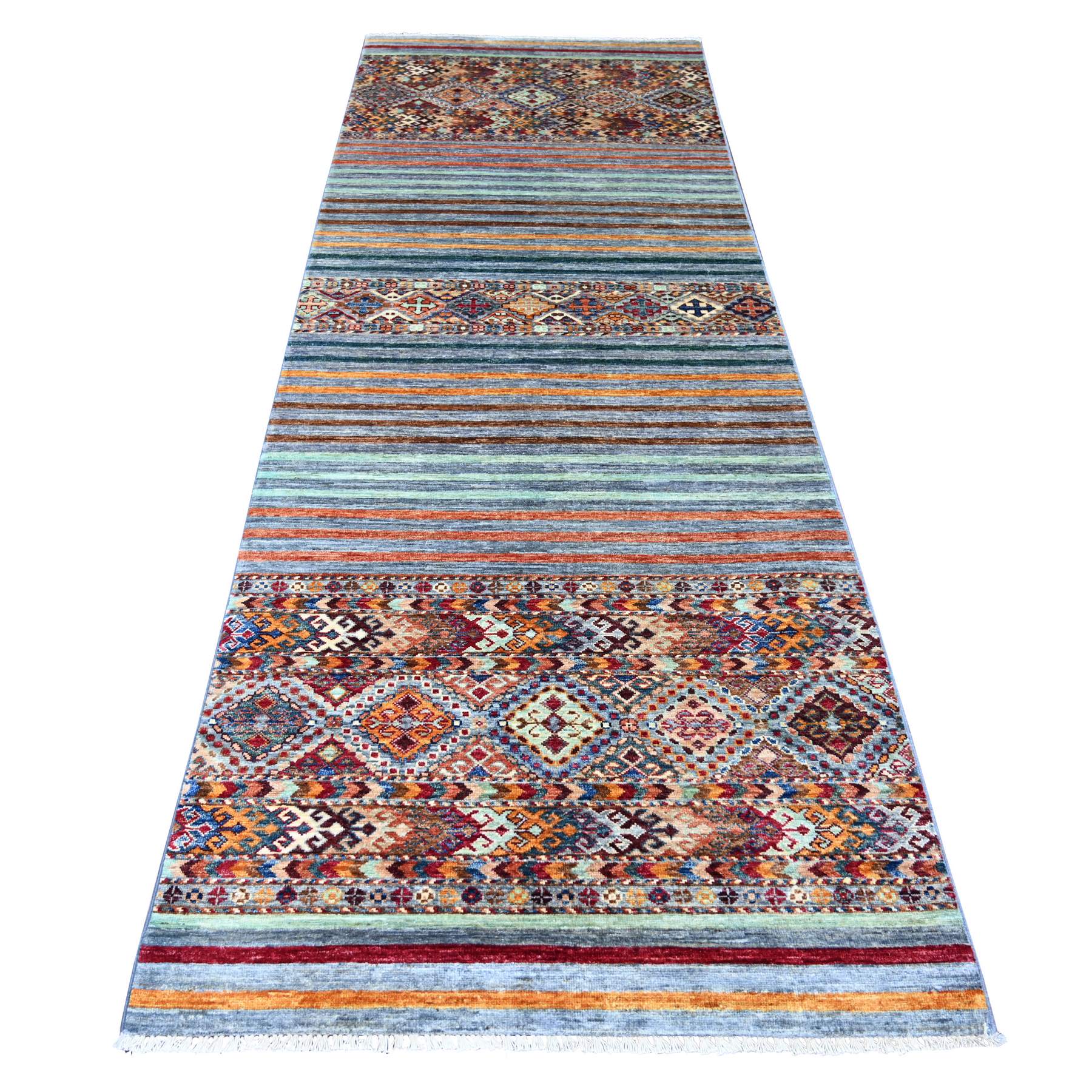 Spanish Gray, Afghan Super Kazak with Khorjin Design, Hand Knotted, Soft and Velvety Wool, Vegetable Dyes, Wide Runner, Oriental Rug
